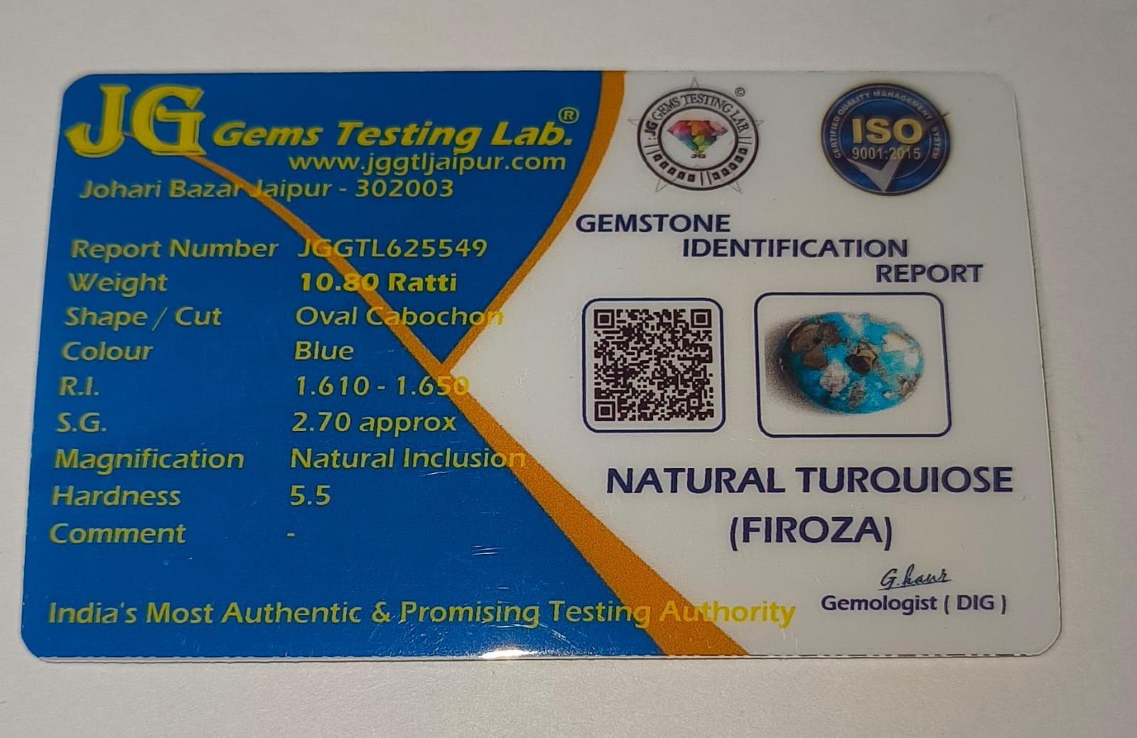 Natural Firoza (Turquoise) 10.80 Ratti | Original Certified Astrological Gemstone