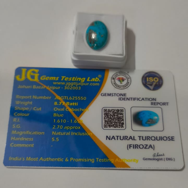 Natural Iranian Firoza (Turquoise) 8.77 Ratti Certified Gemstone | Original Irani Turquoise Stone for Ring & Pendant