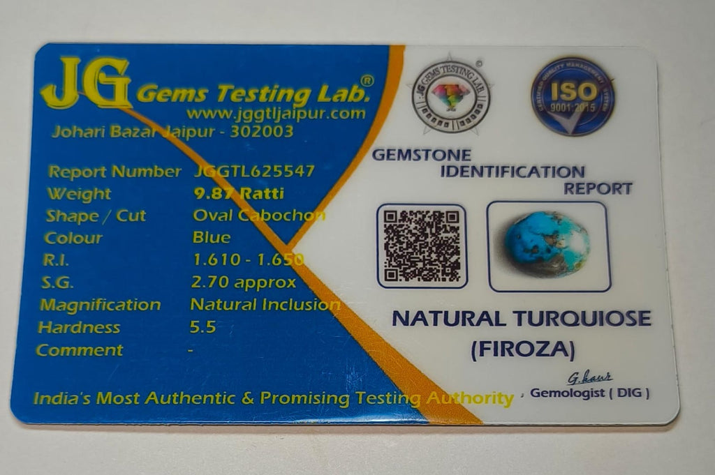 Natural Firoza (Turquoise) 9.87 Ratti | Original Certified Astrological Gemstone