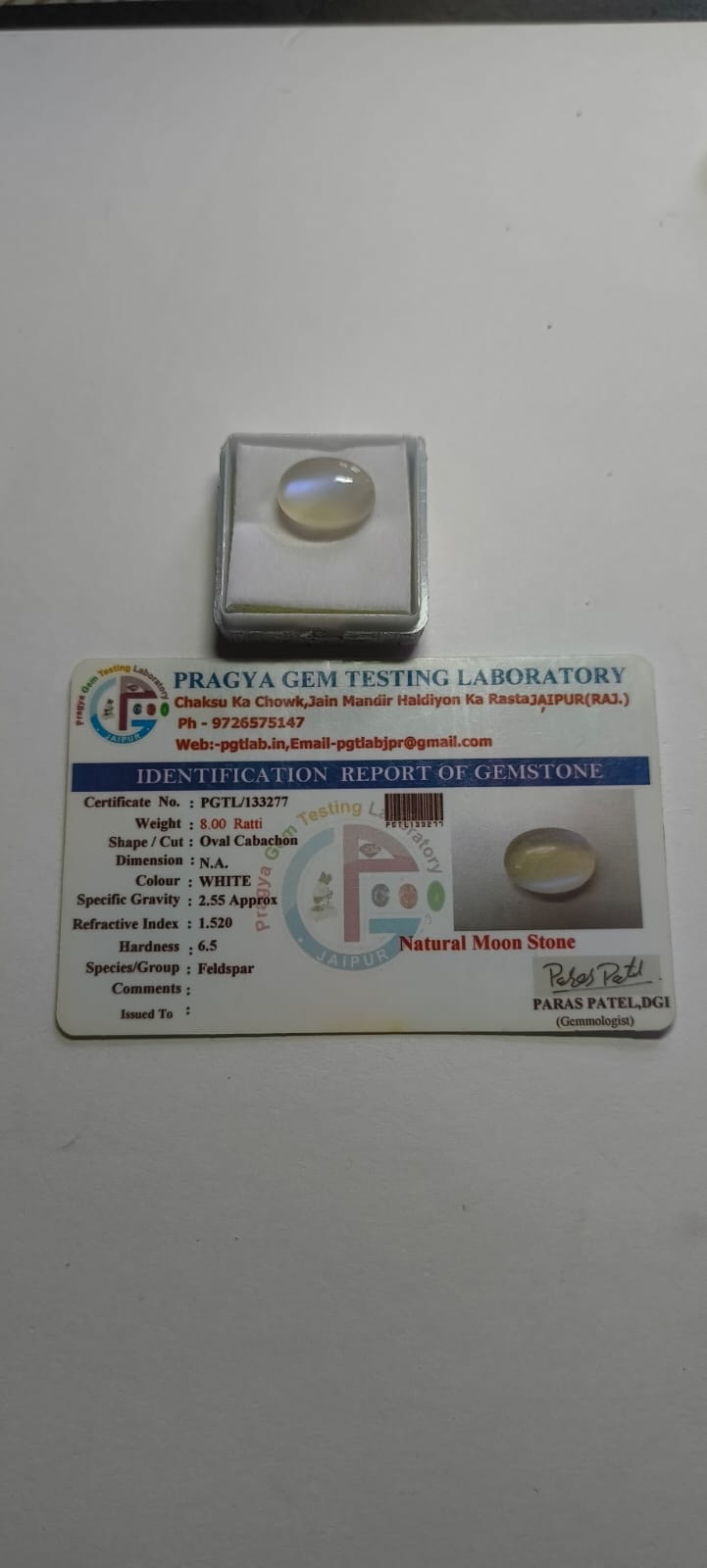 Natural Blue Moon Stone (Chandramani) 8.00 Ratti Certified Gemstone for Astrology & Jewelry.
