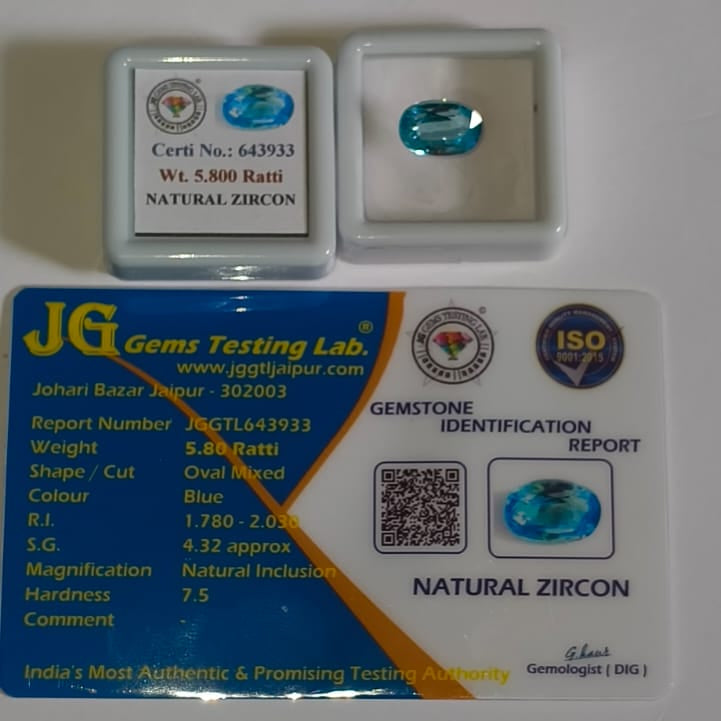 Natural Blue Zircon 5.80 Ratti (Approx. 5.33 Carat) – Certified Natural Blue Zircon Gemstone | Brilliant Blue Sparkle | Astrological Gemstone