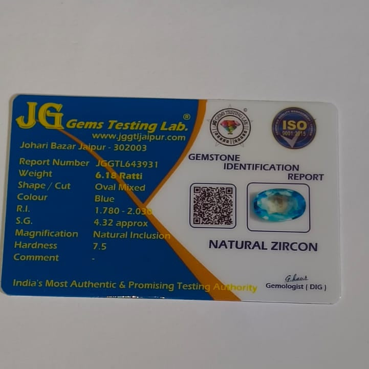 Natural Blue Zircon 6.18 Ratti (Approx. 5.67 Carat) – Certified Blue Zircon Gemstone | Brilliant Blue Sparkle | Astrological Gemstone