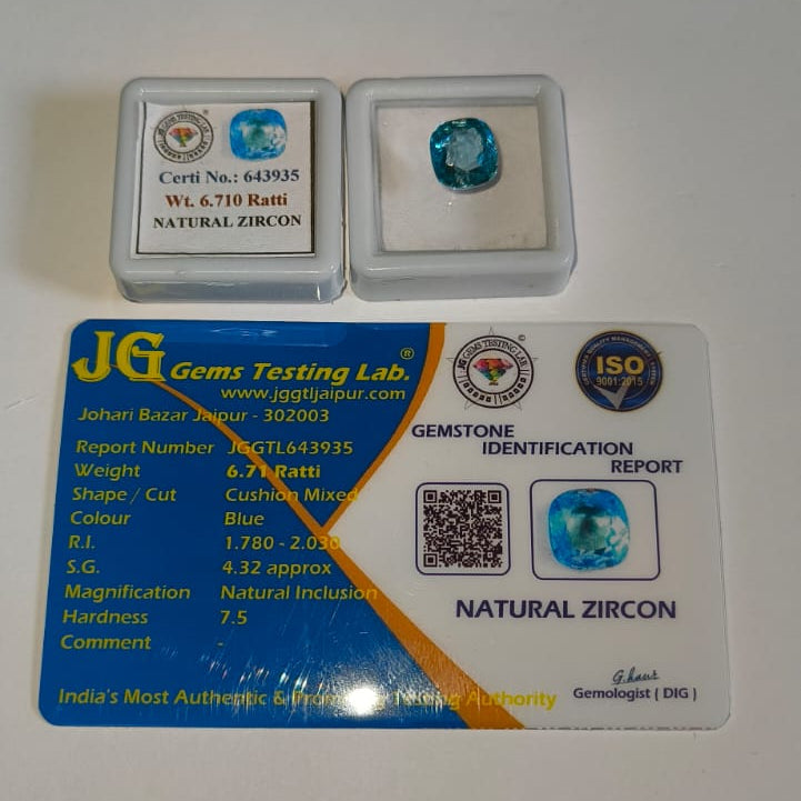 Natural Blue Zircon 6.71 Ratti (Approx. 6.17 Carat) – Certified Natural Blue Zircon Gemstone | Brilliant Blue Sparkle | Astrological Gemstone