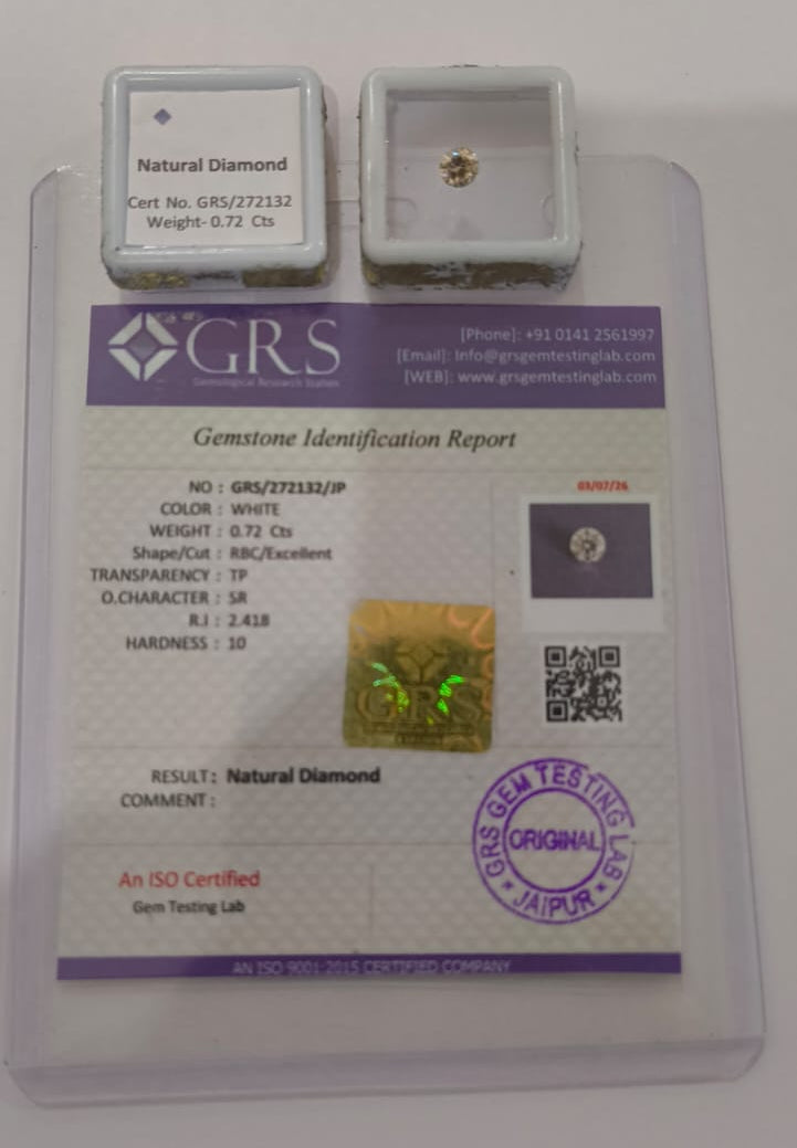 Natural Diamond 0.72 Carat | Certified Genuine Diamond Gemstone | Brilliant Cut Diamond for Ring & Jewellery | Premium Natural Diamond