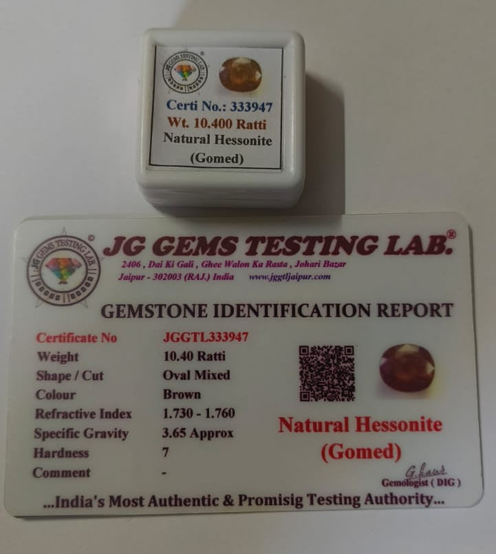 Natural Gomed (Hessonite Garnet) 10.40 Ratti (9.36 CTS) Certified Gemstone – Natural Honey Brown Rahu Stone for Astrology & Jewellery.