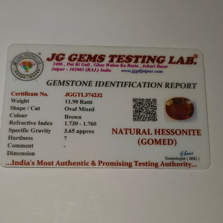 Natural Hessonite Garnet (Gomed) 11.90 Ratti | Certified Premium Ceylon Gomed Stone for Rahu | Astrological Gemstone