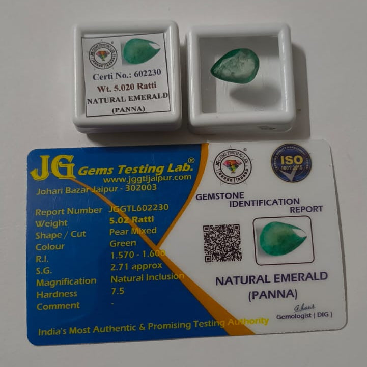 Certified Natural Emerald (Panna) 5.02 Ratti (4.73 cts.) Green Gemstone | Pear Mixed Cut | Original Emerald for Astrology & Fine Jewelry