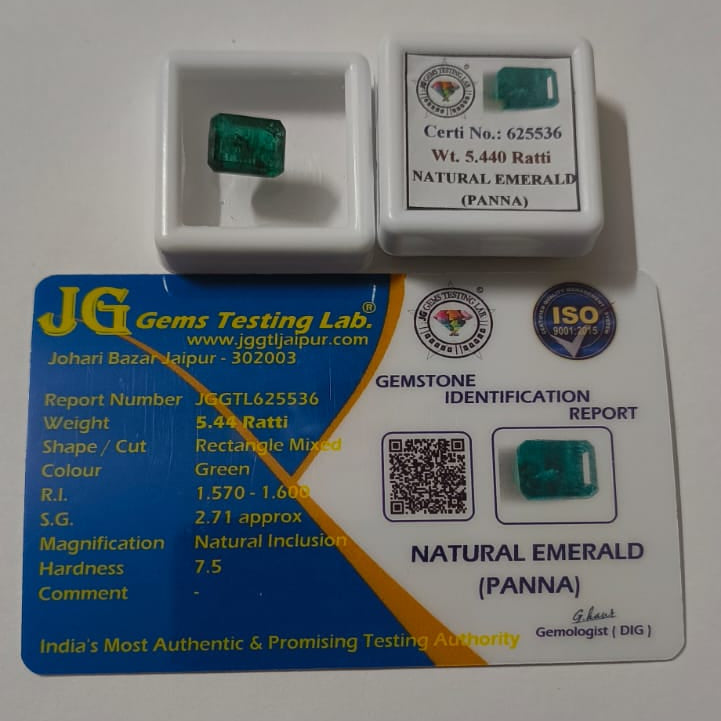Natural Panna (Emerald) 5.44 Ratti (4.95 Carat) Certified Green Emerald Gemstone | Original Rectangle Mixed Cut Emerald for Ring & Pendant | Astrological Gem