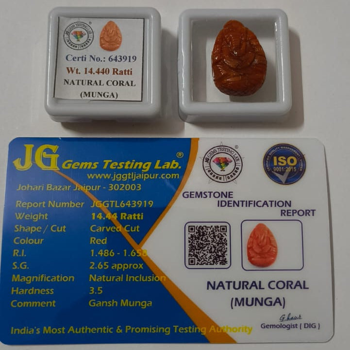 Natural Red Coral (Moonga) Ganesh Ji 14.44 Ratti (Approx. 12.99 Carat) | Certified Ganesh Coral Gemstone | Original Red Coral for Pendant, Puja, Gifting & Collection