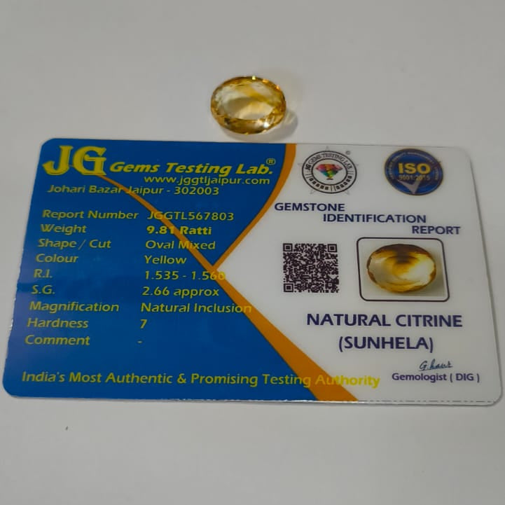 Natural Sunhela (Citrine) 9.81 Ratti Certified Gemstone | Original Golden Yellow Sunela Stone for Ring & Pendant