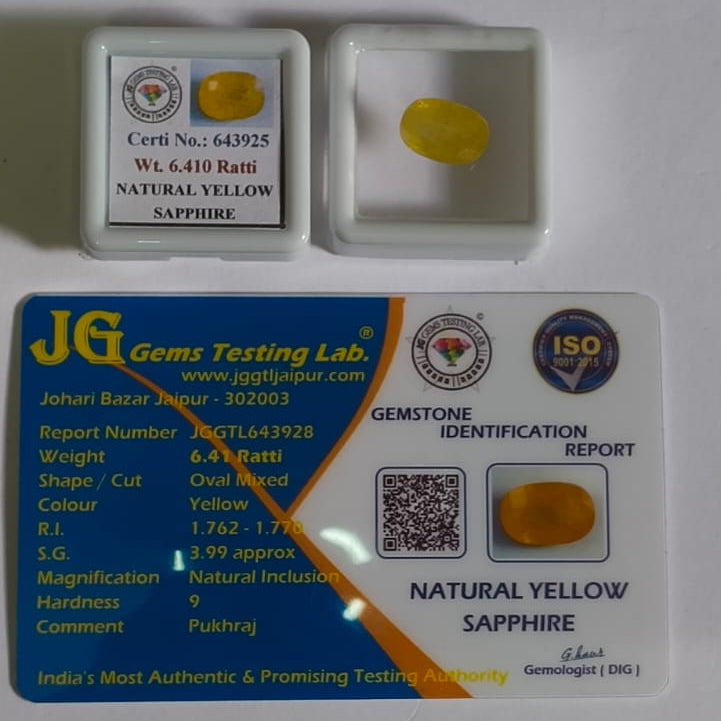 Natural Thai Bangkok Yellow Sapphire 6.41 Ratti (Approx. 5.90 Carat) – Certified Pukhraj Gemstone | Natural Yellow Sapphire | Astrological Gemstone
