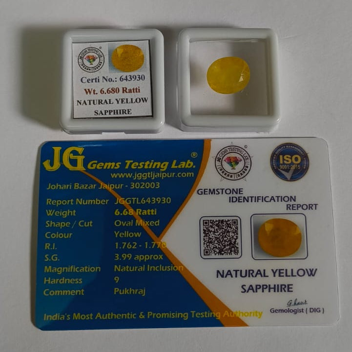 Natural Thai Bangkok Yellow Sapphire 6.68 Ratti (Approx. 6.15 Carat) – Certified Pukhraj Gemstone | Natural Yellow Sapphire | Astrological Gemstone