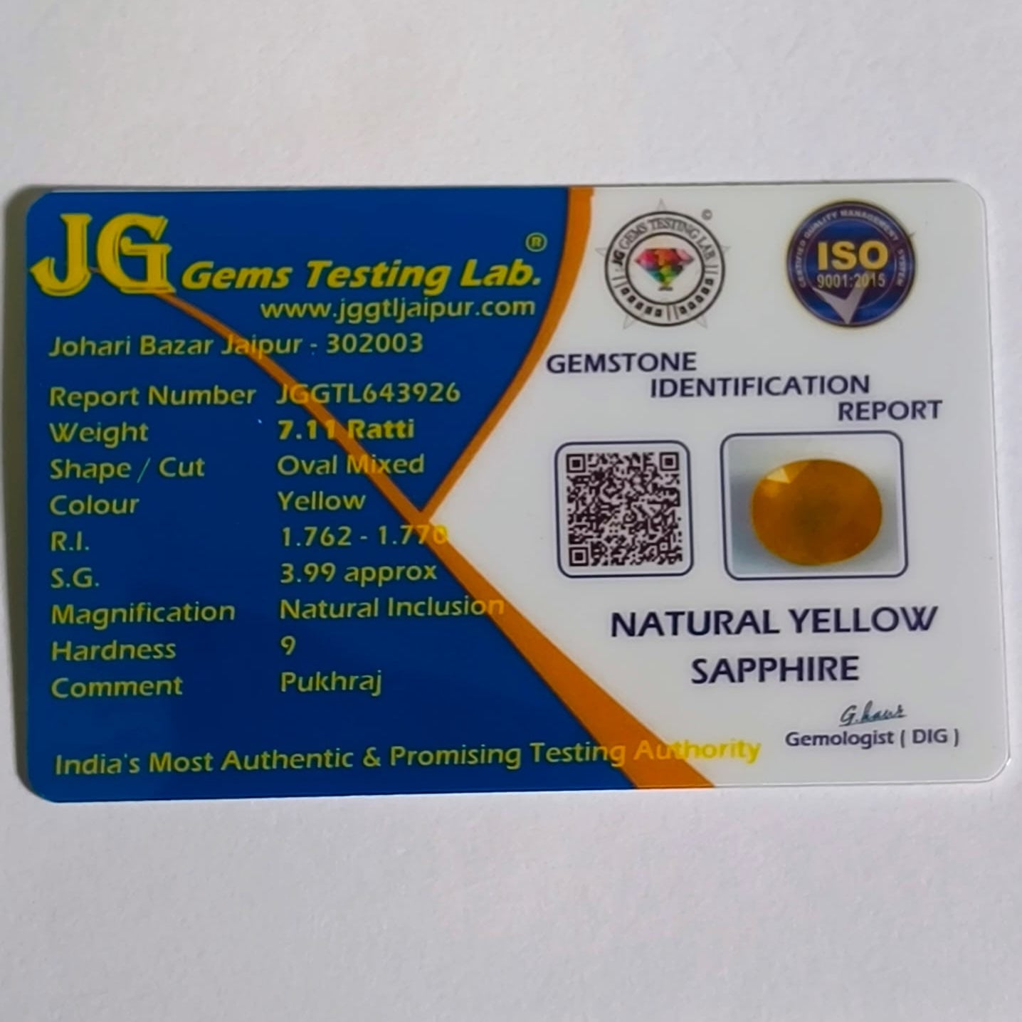 Natural Thai Bangkok Yellow Sapphire 7.11 Ratti (Approx. 6.54 Carat) – Certified Pukhraj Gemstone | Natural Yellow Sapphire | Astrological Gemstone