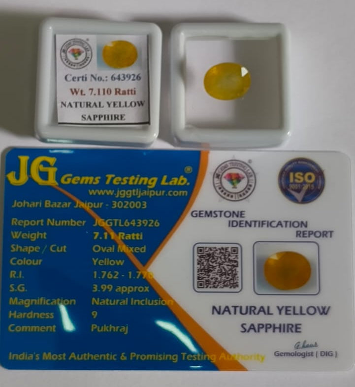 Natural Thai Bangkok Yellow Sapphire 7.11 Ratti (Approx. 6.54 Carat) – Certified Pukhraj Gemstone | Natural Yellow Sapphire | Astrological Gemstone