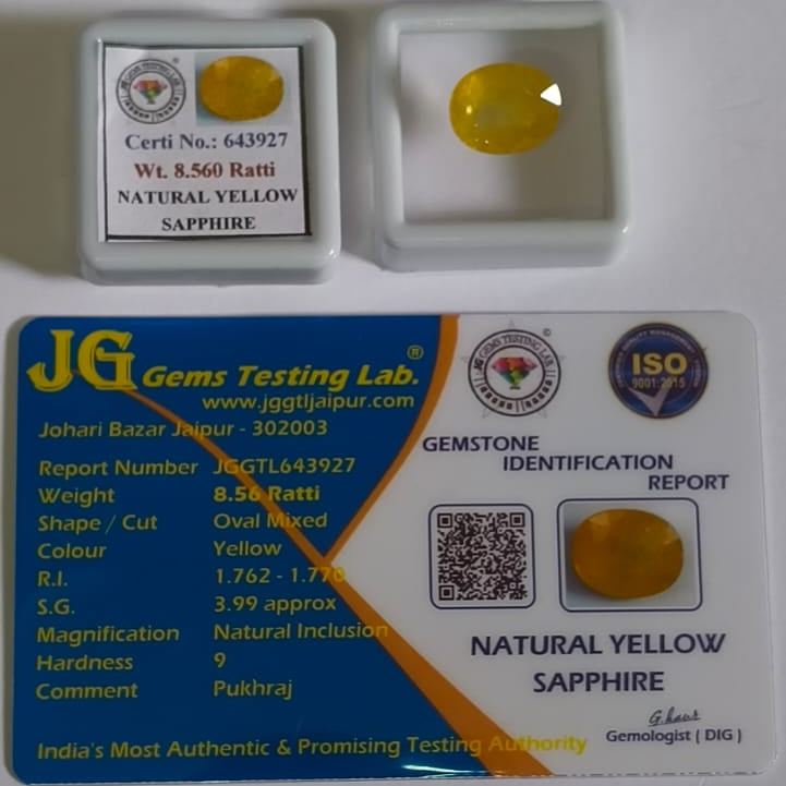 Natural Thai Bangkok Yellow Sapphire 8.56 Ratti (Approx. 7.88 Carat) – Certified Pukhraj Gemstone | Natural Yellow Sapphire | Astrological Gemstone