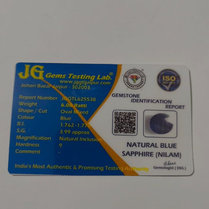 Natural Thai Blue Sapphire (Neelam) 6 Ratti – Certified Genuine Blue Sapphire Gemstone | Premium Thai Neelam | Original Natural Sapphire for Ring & Pendant | Astrological Gemstone