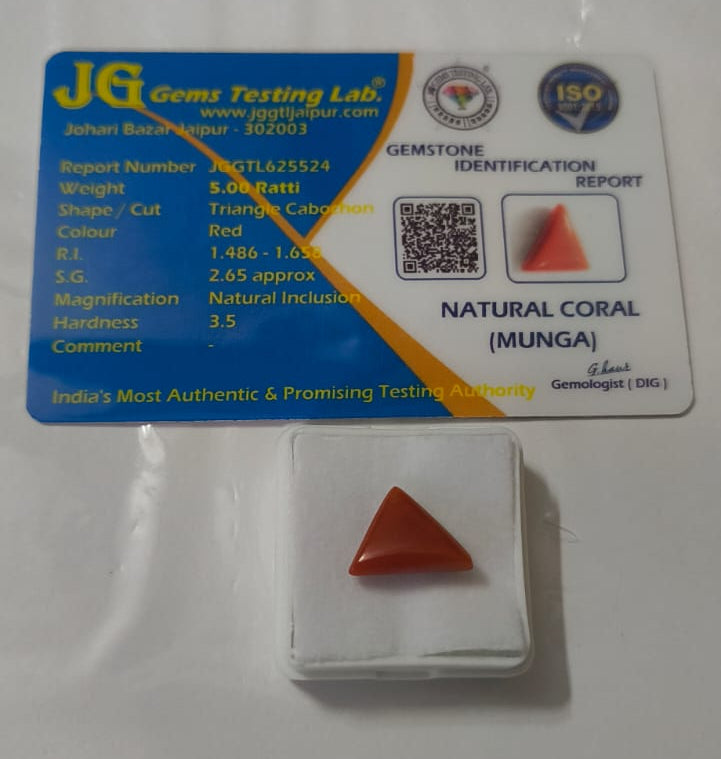 Natural Triangle Red Coral (Moonga) 5.00 Ratti Certified Gemstone – Premium Deep Red Astrological Coral