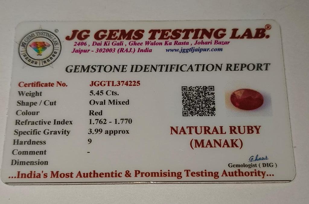 Natural Ruby (Manik) 5.45 Ratti | Original Certified Astrological Gemstone