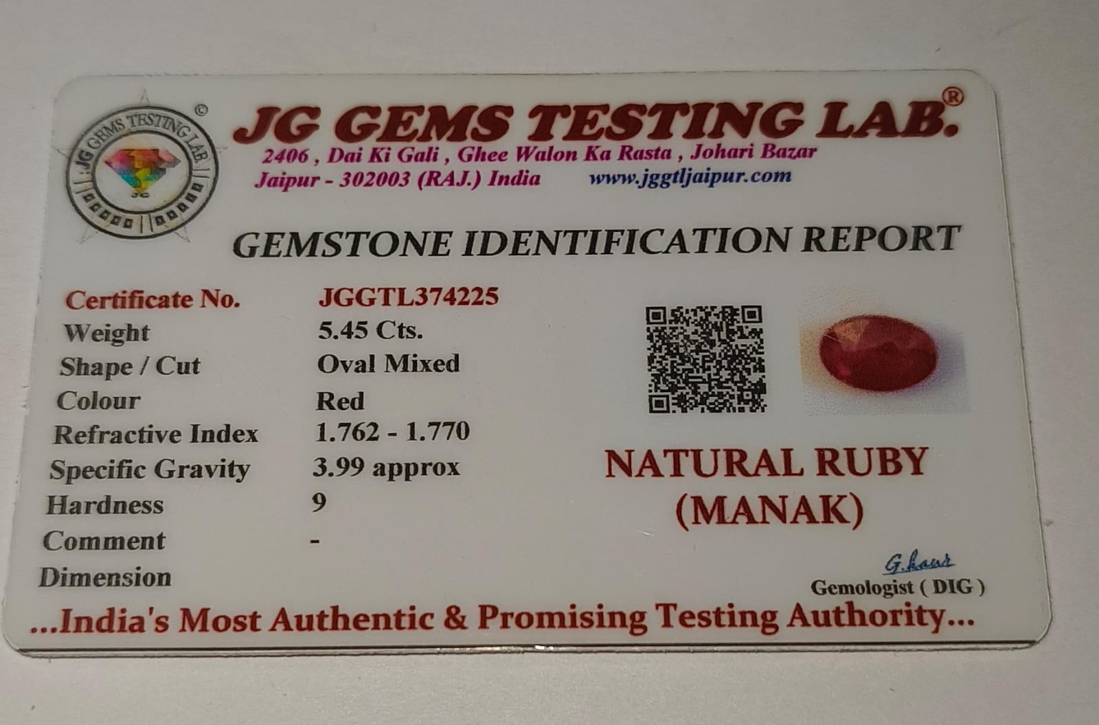 Natural Ruby (Manik) 5.45 Ratti | Original Certified Astrological Gemstone