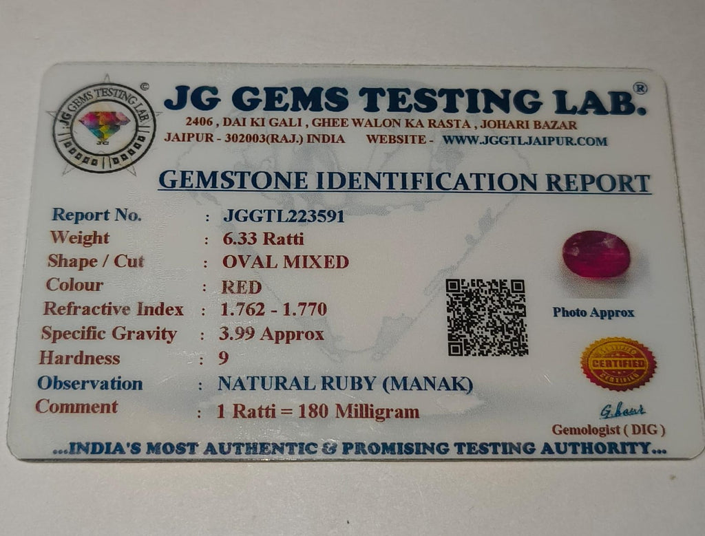 Natural Ruby (Manik) 6.33 Ratti | Certified Deep Red Precious Gemstone | Oval Mixed Cut