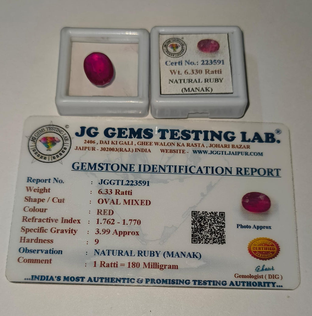 Natural Ruby (Manik) 6.33 Ratti | Certified Deep Red Precious Gemstone | Oval Mixed Cut