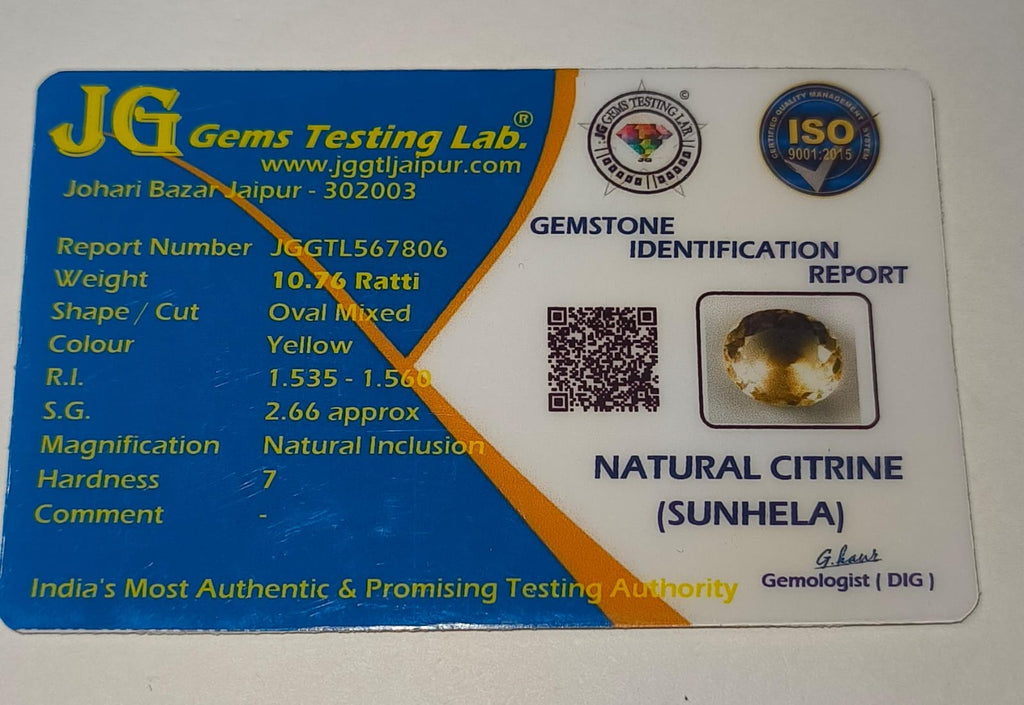 Natural Sunhela (Citrine) 10.76 Ratti – Premium Certified Gemstone