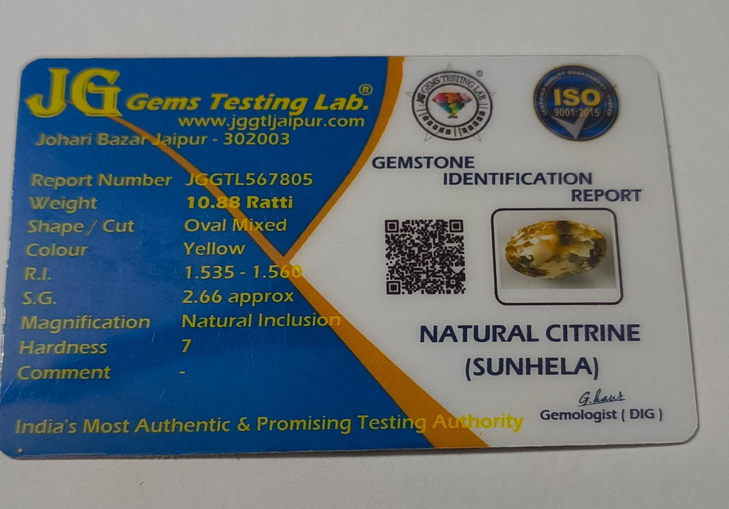 Natural Sunhela (Citrine) 10.88 Ratti | Original Certified Yellow Gemstone for Astrology