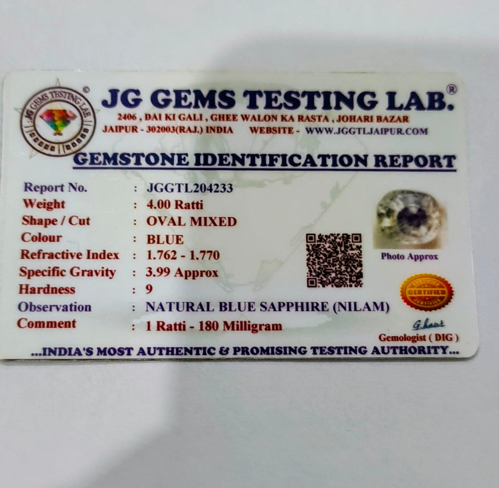 "Natural Ceylon (Sri Lanka) Blue Sapphire (Neelam) 4.00 Ratti | Certified Premium Jyotish Gemstone."